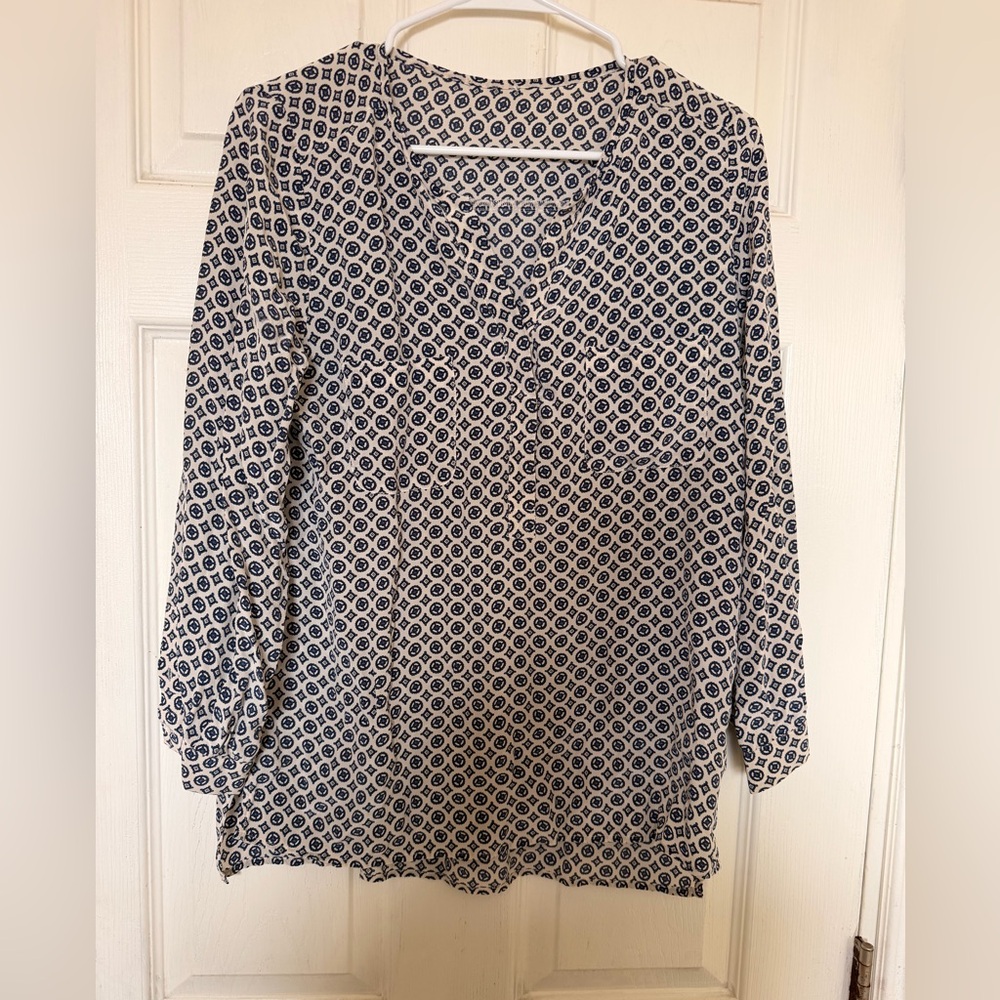 Women’s Printed Long Sleeve Blouse - Blue/White 100% silk
